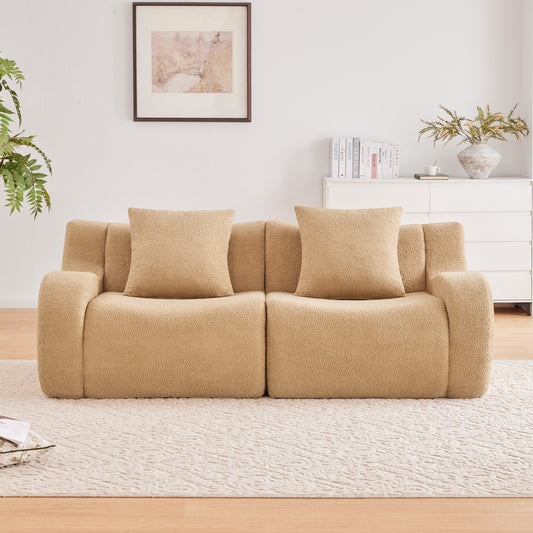 Camel teddy fleece boneless sofa, 2-seat layout, straight on view in a living room — Camel / 2-Seat