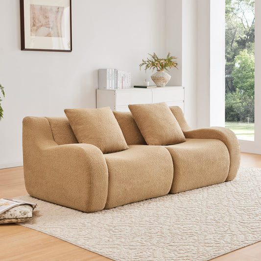 Camel teddy fleece boneless sofa, 2-seat layout, angled view in a bright living room — Camel / 2-Seat