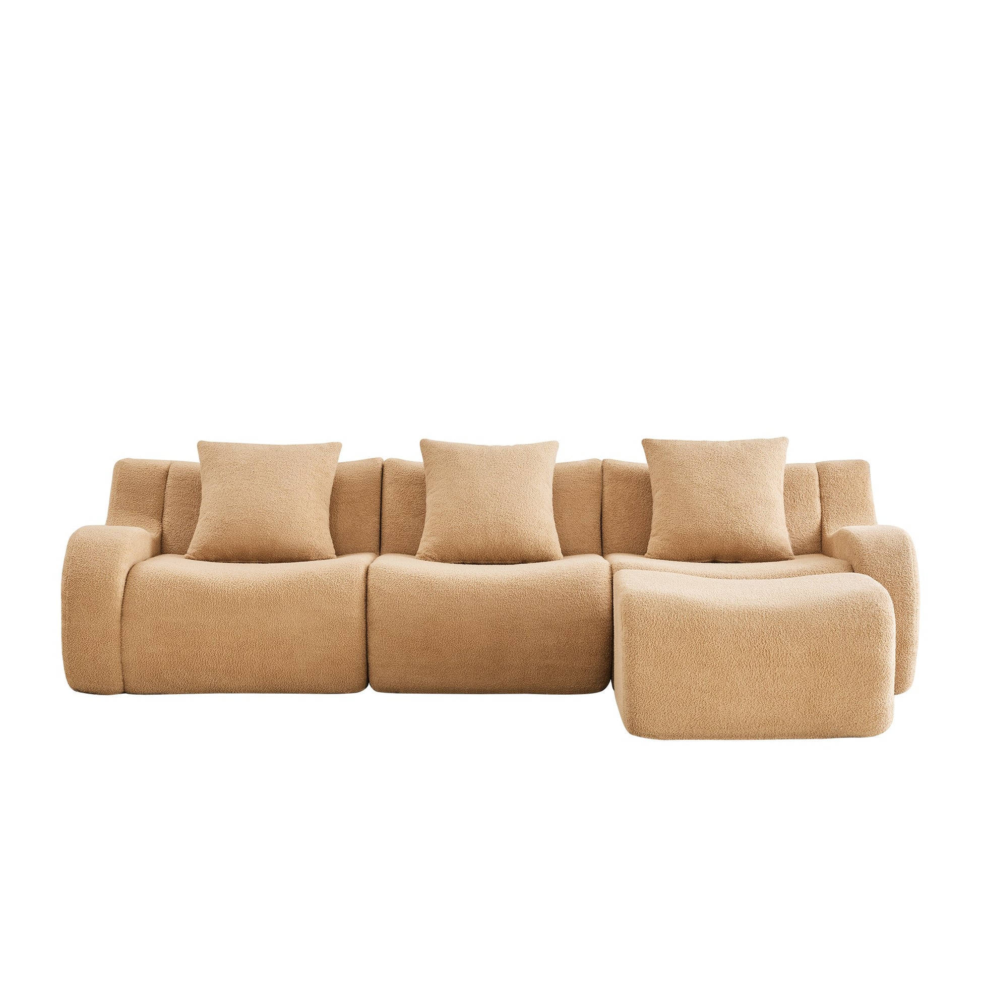 Camel teddy fleece boneless sofa, 3-seat with one ottoman layout, 45 degree view on a white background — Camel / 3-Seat + 1 Ottoman