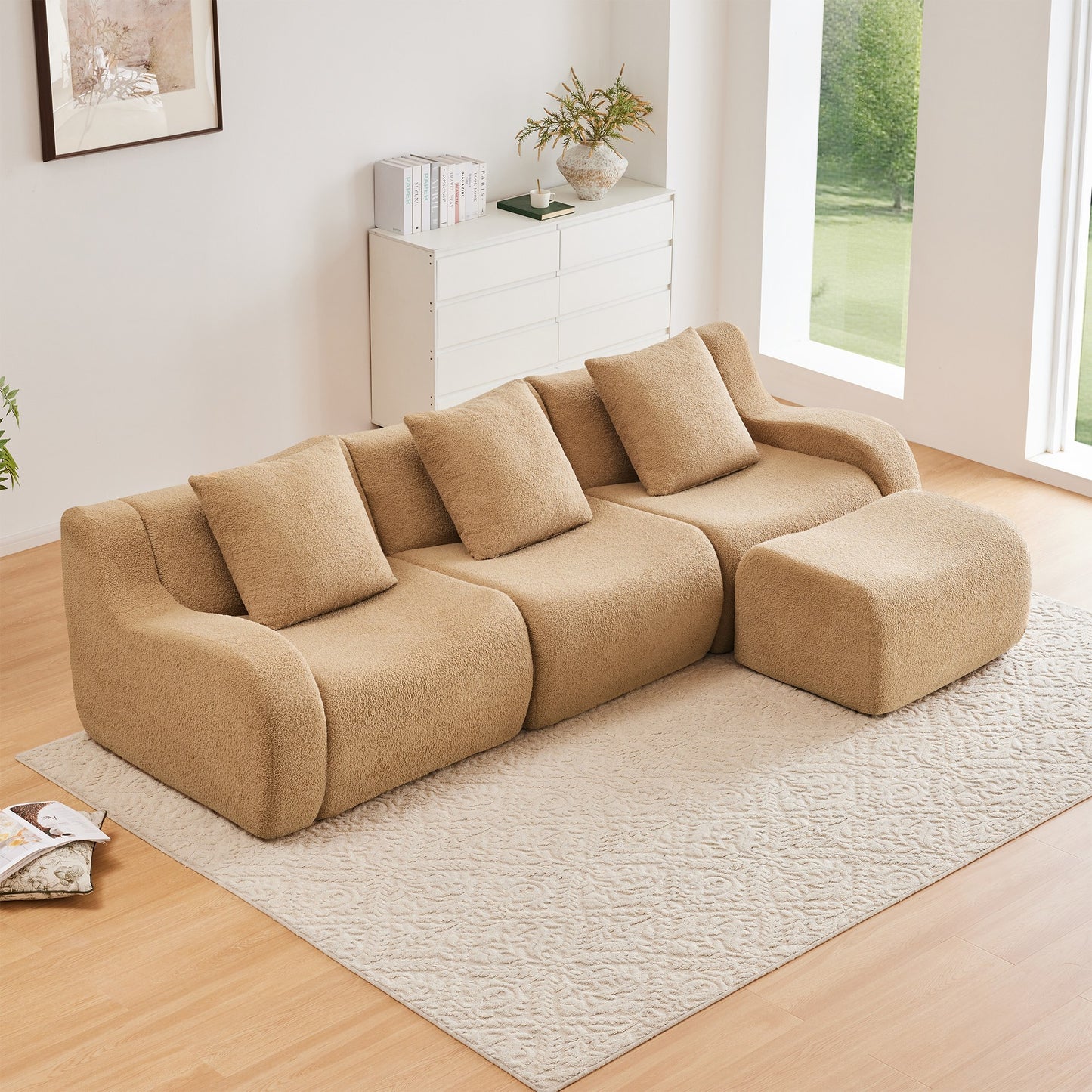 Camel teddy fleece boneless sofa, 3-seat with one ottoman layout, straight on view in a living room — Camel / 3-Seat + 1 Ottoman