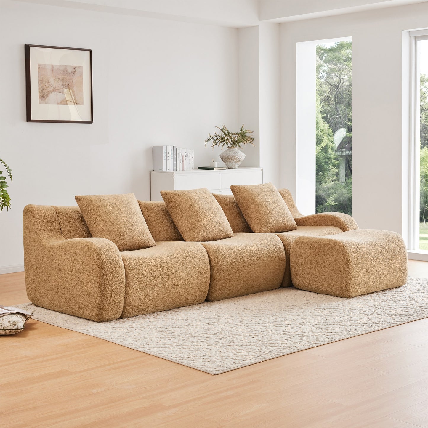 Camel teddy fleece boneless sofa, 3-seat with one ottoman layout, angled view in a bright living room — Camel / 3-Seat + 1 Ottoman