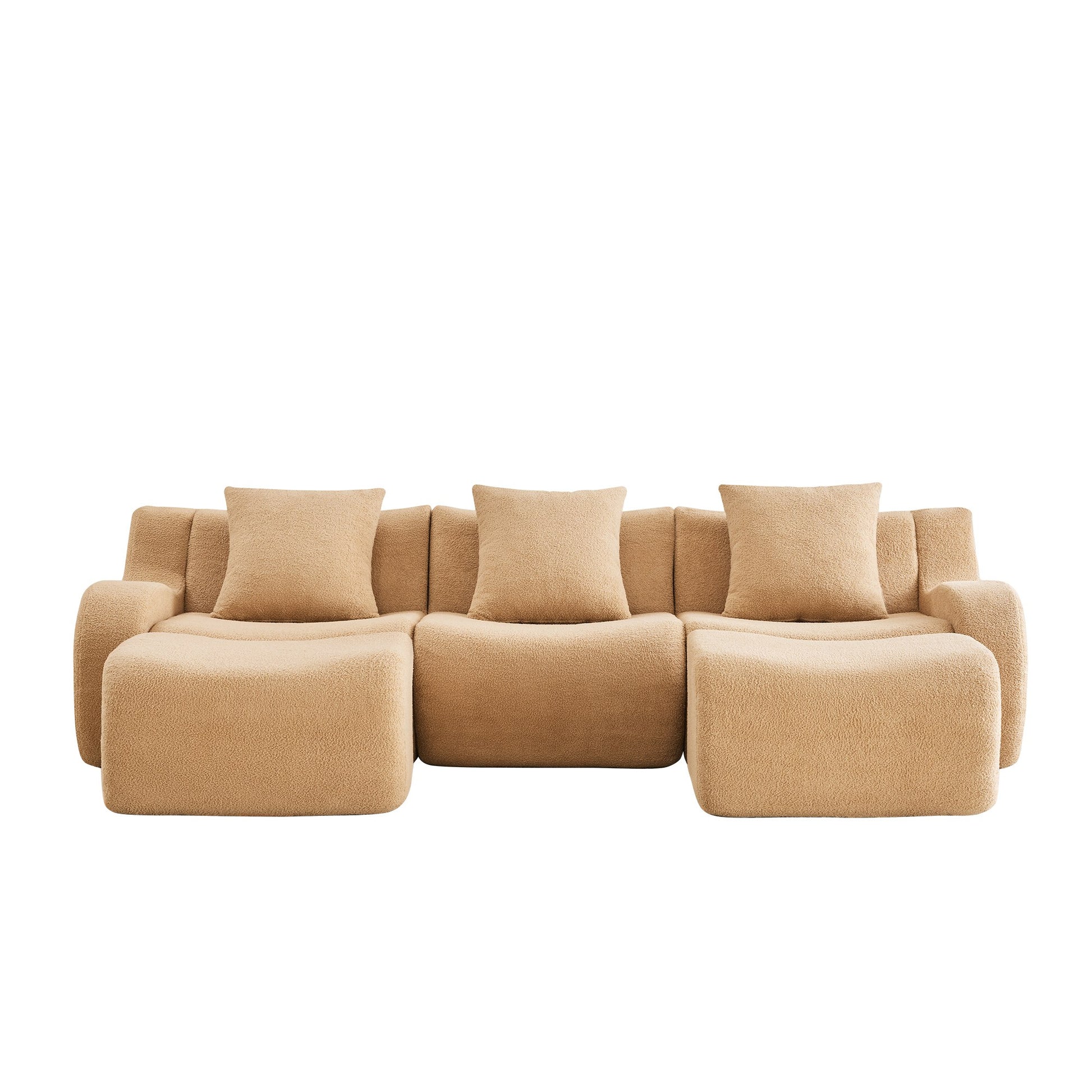 Camel teddy fleece boneless sofa, 3-seat with two ottomans layout, 45 degree view on a white background — Camel / 3-Seat + 2 Ottomans