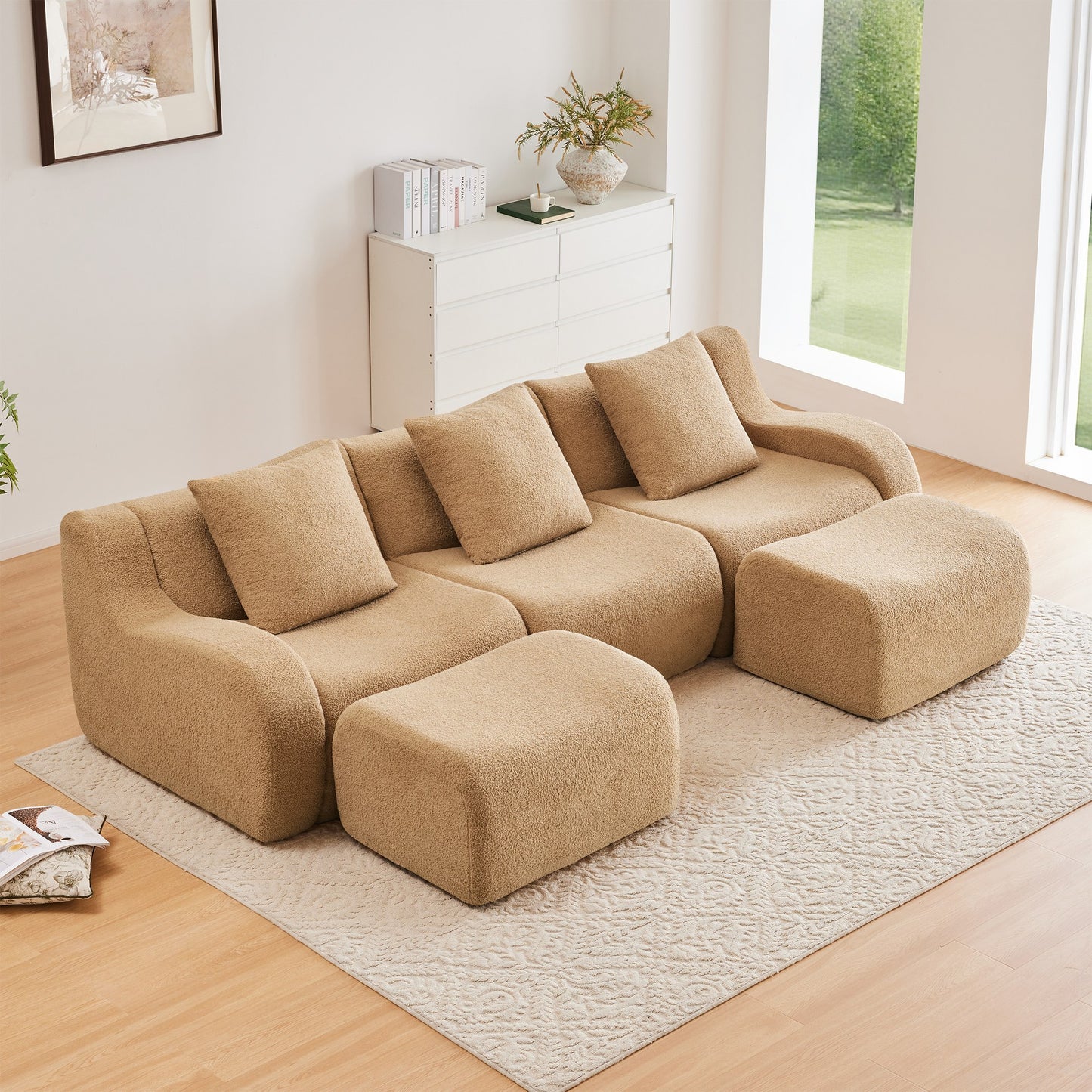 Camel teddy fleece boneless sofa, 3-seat with two ottomans layout, straight on view in a living room — Camel / 3-Seat + 2 Ottomans