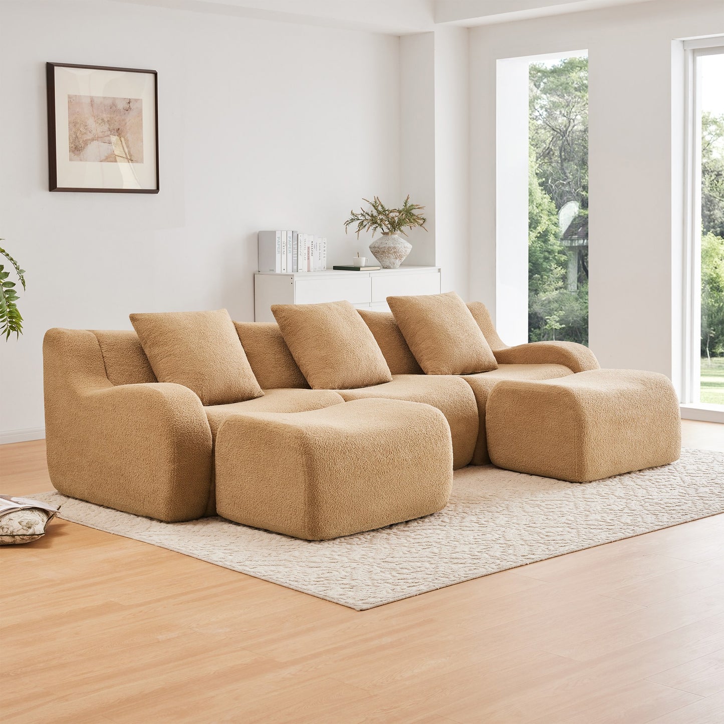 Camel teddy fleece boneless sofa, 3-seat with two ottomans layout, angled view in a bright living room — Camel / 3-Seat + 2 Ottomans