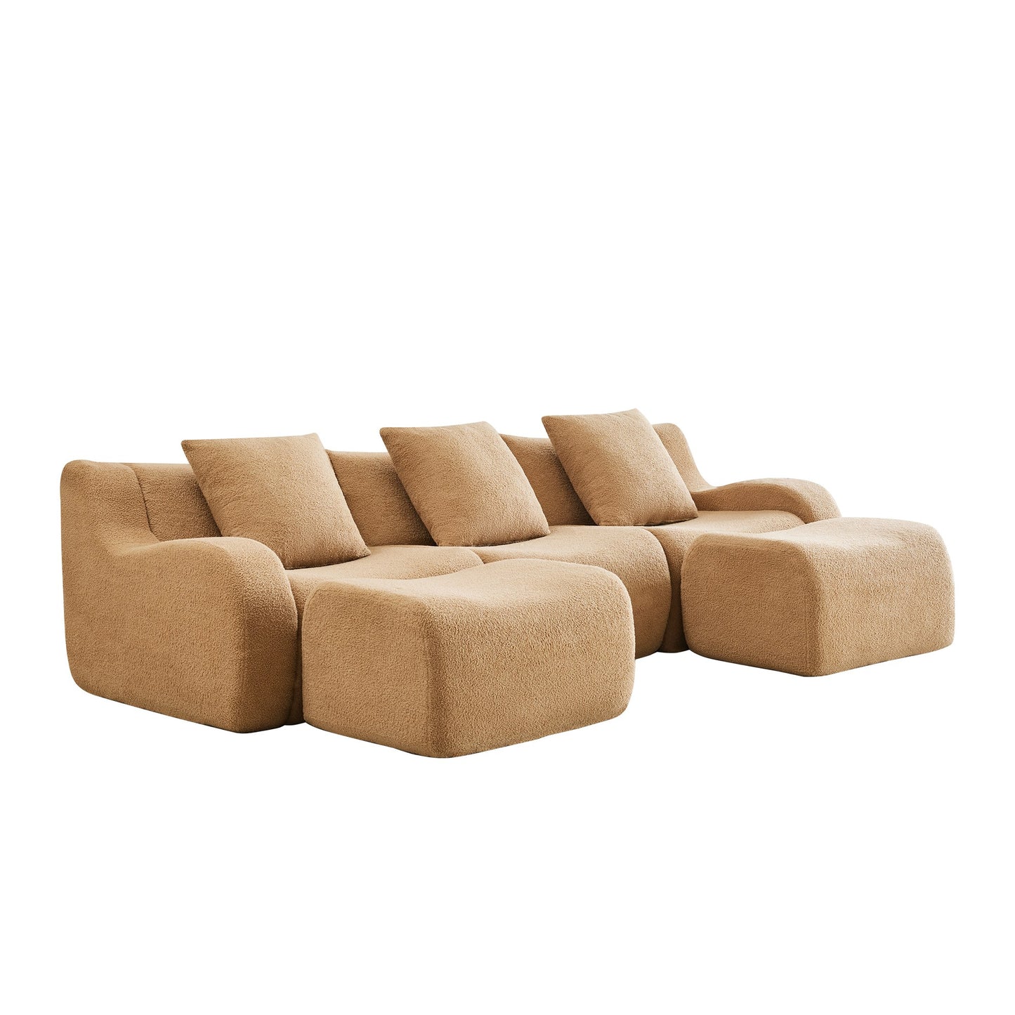 Camel teddy fleece boneless sofa, 3-seat with two ottomans layout, side view on a white background — Camel / 3-Seat + 2 Ottomans