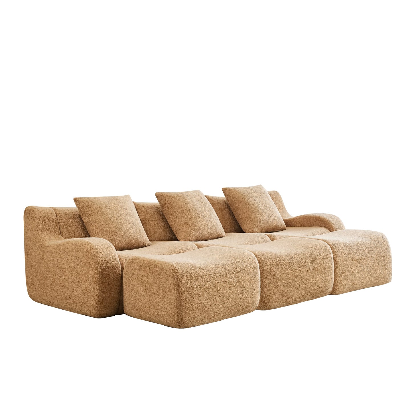 Camel teddy fleece boneless sofa, 3-seat with three ottomans layout, 45 degree view on a white background — Camel / 3-Seat + 3 Ottomans