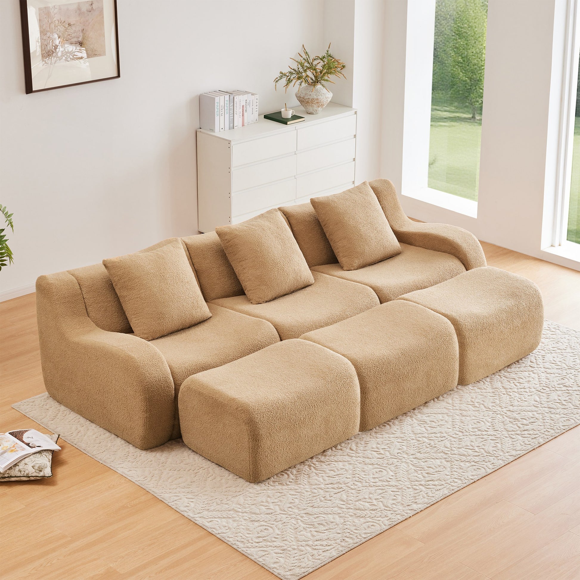 Camel teddy fleece boneless sofa, 3-seat with three ottomans layout, straight on view in a living room — Camel / 3-Seat + 3 Ottomans