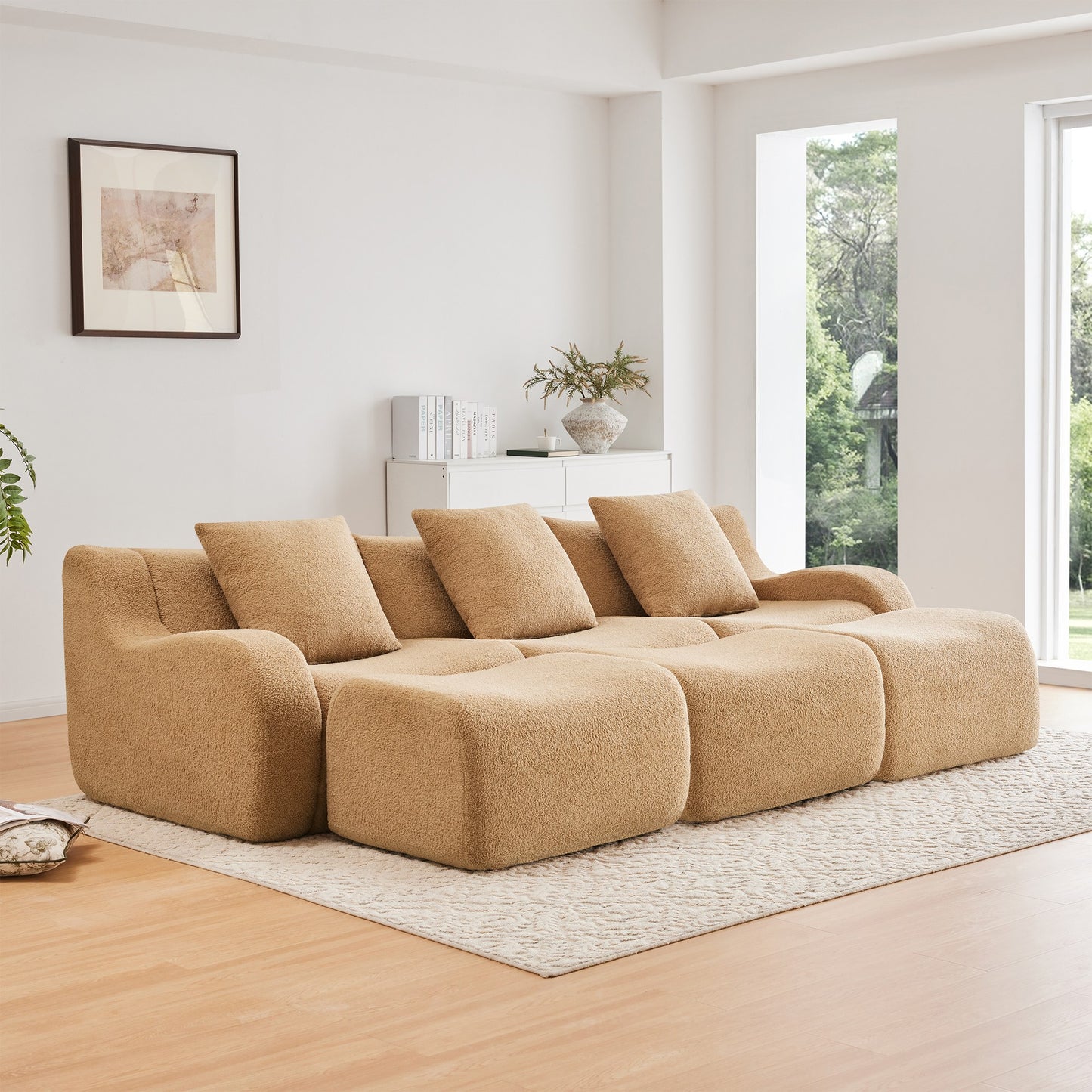 Camel teddy fleece boneless sofa, 3-seat with three ottomans layout, angled view in a bright living room — Camel / 3-Seat + 3 Ottomans