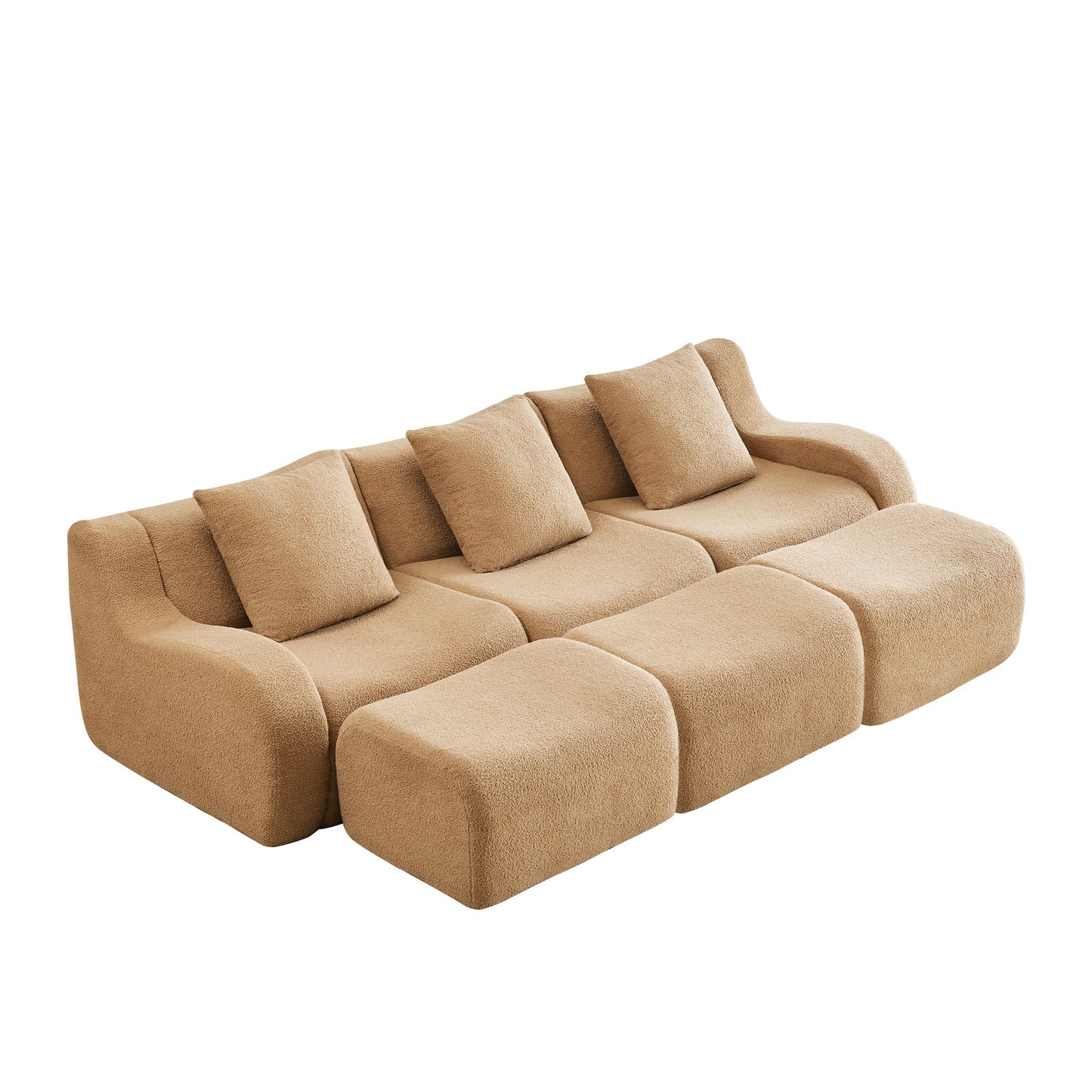 Camel teddy fleece boneless sofa, 3-seat with three ottomans layout, side view on a white background — Camel / 3-Seat + 3 Ottomans