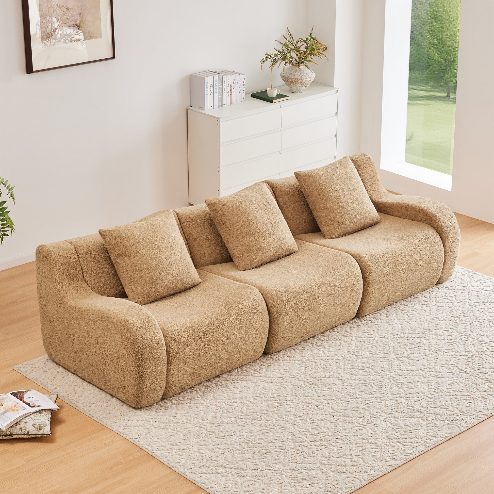 Camel teddy fleece boneless sofa, 3-seat layout, straight on view in a living room — Camel / 3-Seat