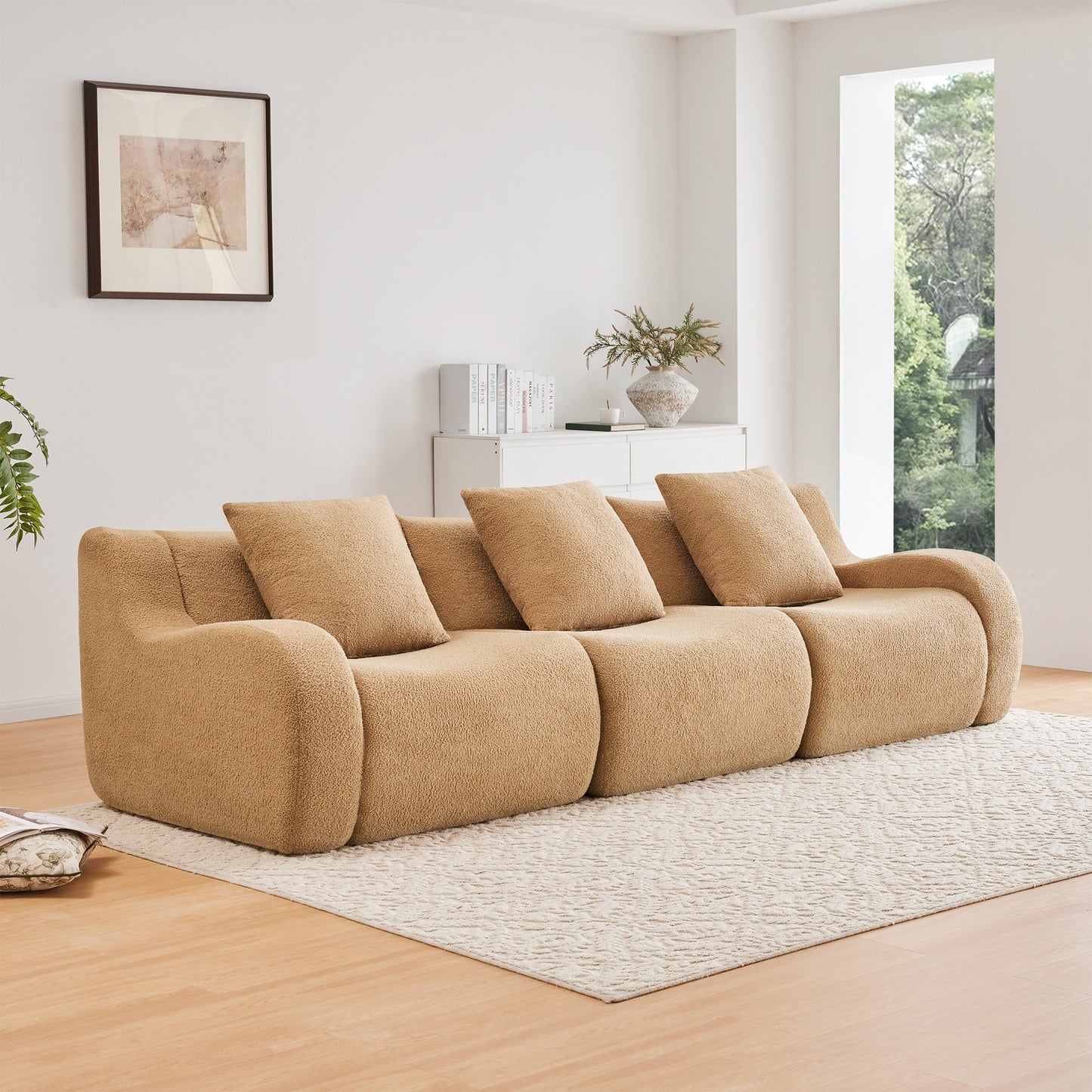 Camel teddy fleece boneless sofa, 3-seat layout, angled view in a bright living room — Camel / 3-Seat