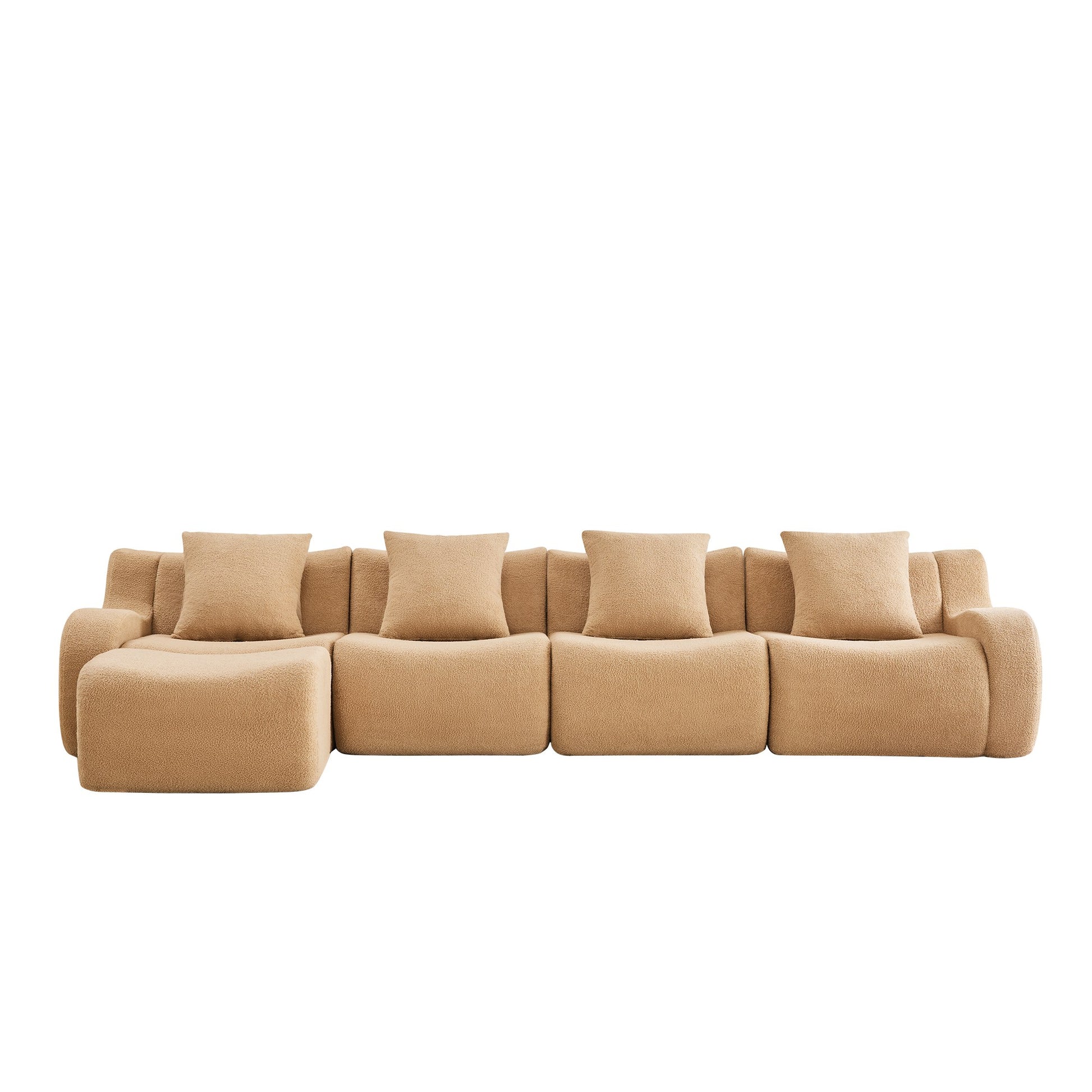 Camel teddy fleece boneless sofa, 4-seat with one ottoman layout, 45 degree view on a white background — Camel / 4-Seat + 1 Ottoman