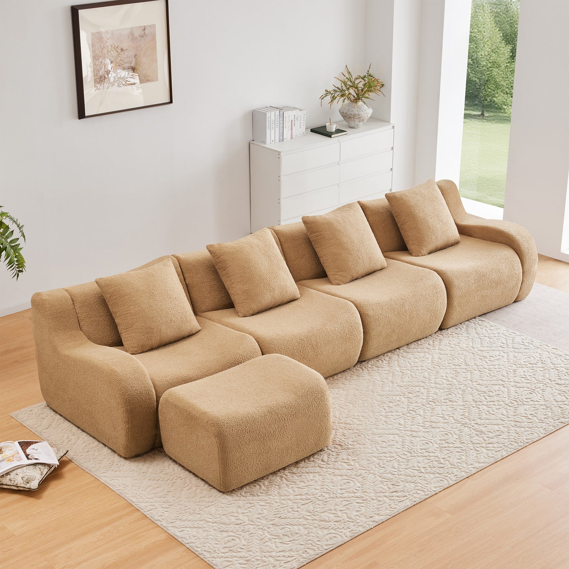 Camel teddy fleece boneless sofa, 4-seat with one ottoman layout, straight on view in a living room — Camel / 4-Seat + 1 Ottoman