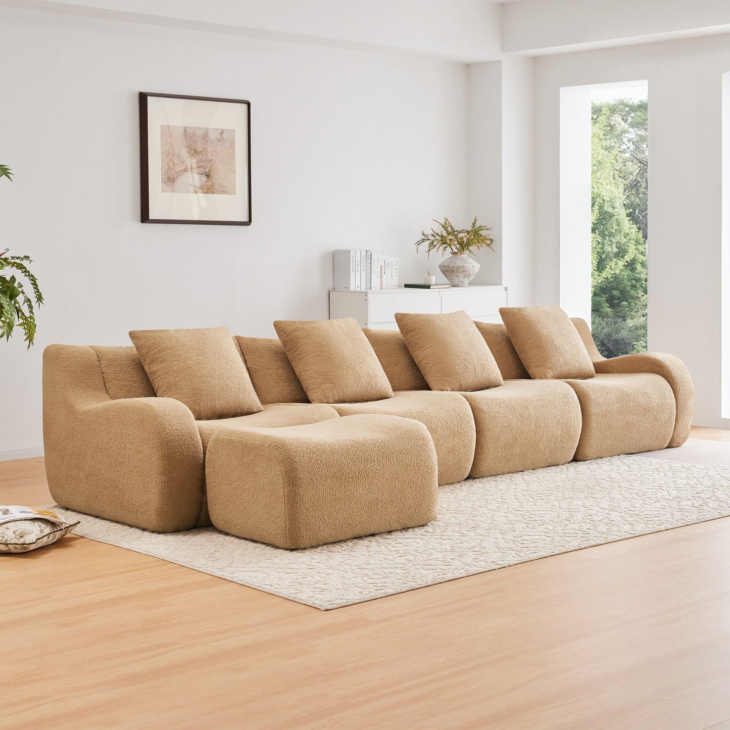 Camel teddy fleece boneless sofa, 4-seat with one ottoman layout, angled view in a bright living room — Camel / 4-Seat + 1 Ottoman