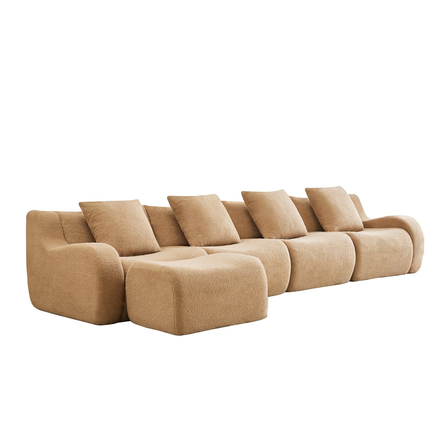 Camel teddy fleece boneless sofa, 4-seat with one ottoman layout, side view on a white background — Camel / 4-Seat + 1 Ottoman