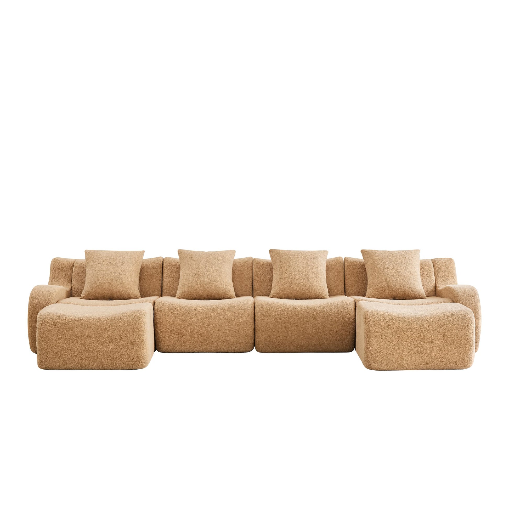 Camel teddy fleece boneless sofa, 4-seat with two ottomans layout, 45 degree view on a white background — Camel / 4-Seat + 2 Ottomans
