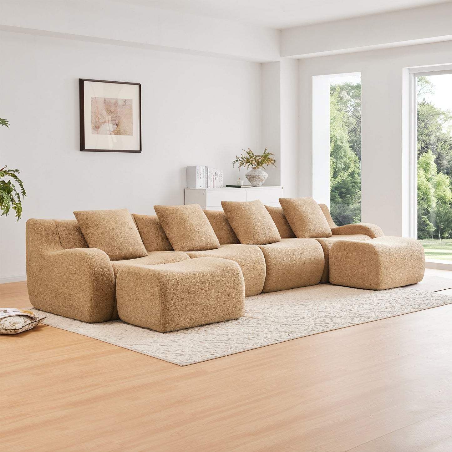 Camel teddy fleece boneless sofa, 4-seat with two ottomans layout, straight on view in a living room — Camel / 4-Seat + 2 Ottomans