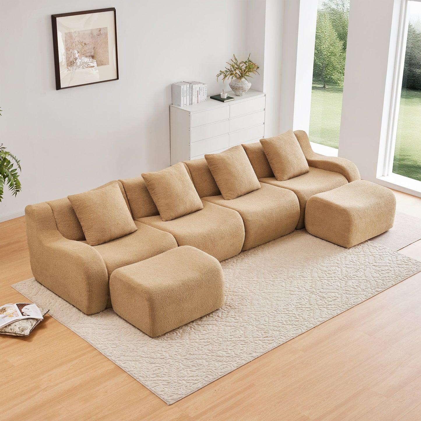 Camel teddy fleece boneless sofa, 4-seat with two ottomans layout, angled view in a bright living room — Camel / 4-Seat + 2 Ottomans