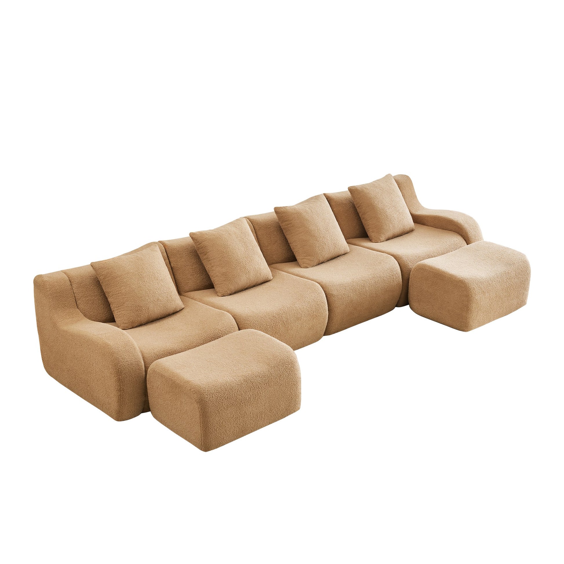 Camel teddy fleece boneless sofa, 4-seat with two ottomans layout, side view on a white background — Camel / 4-Seat + 2 Ottomans