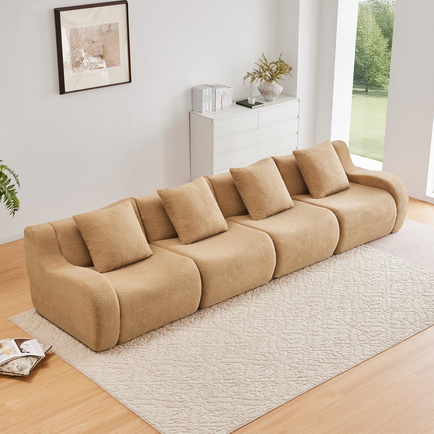 Camel teddy fleece boneless sofa, 4-seat layout, straight on view in a living room — Camel / 4-Seat