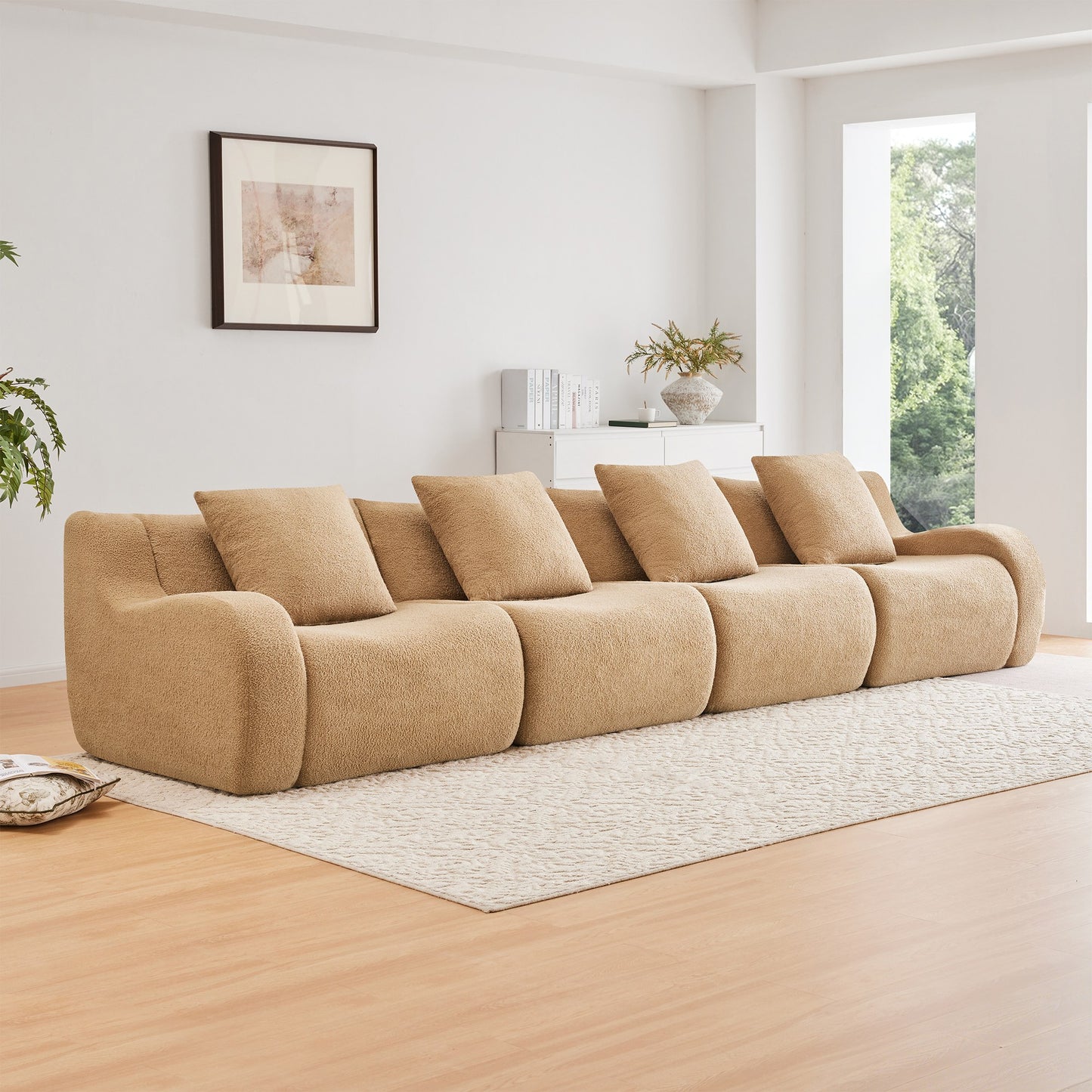 Camel teddy fleece boneless sofa, 4-seat layout, angled view in a bright living room — Camel / 4-Seat