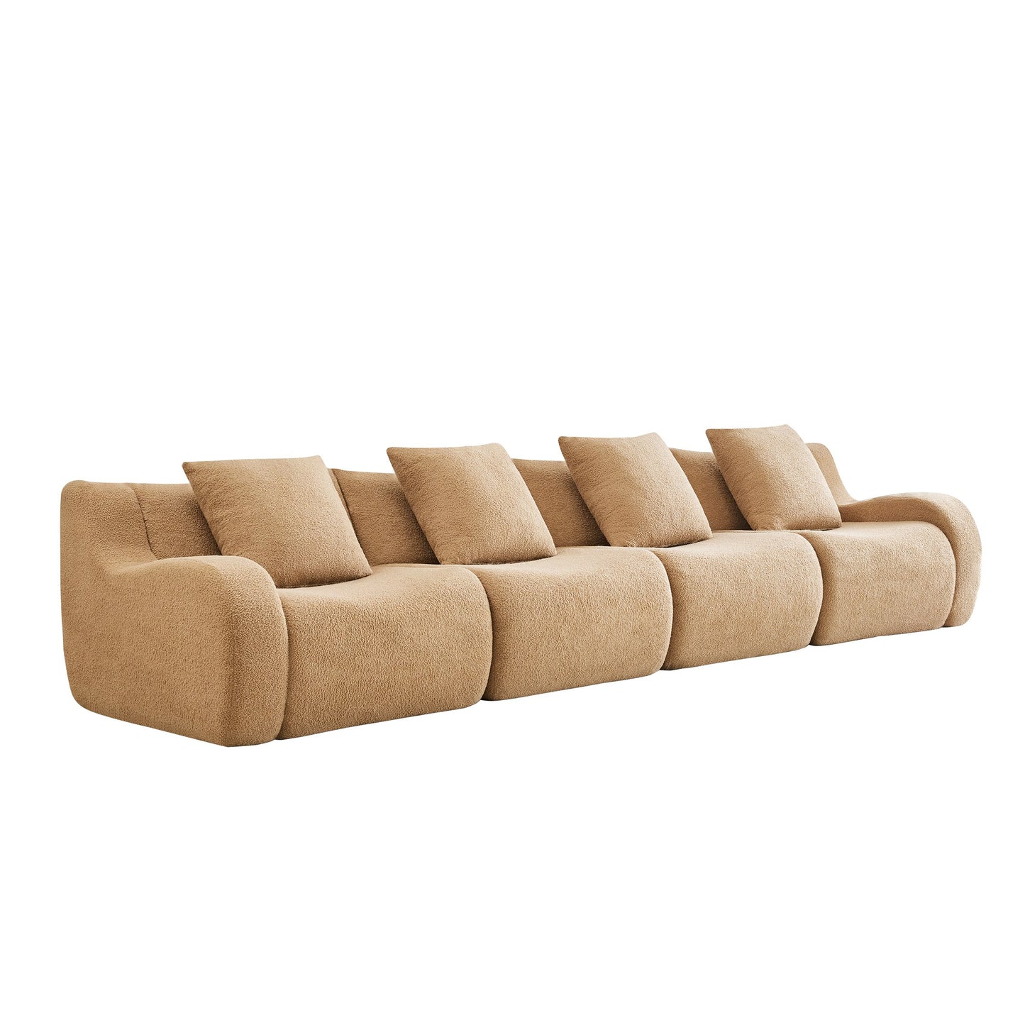 Camel teddy fleece boneless sofa, 4-seat layout, side view on a white background — Camel / 4-Seat
