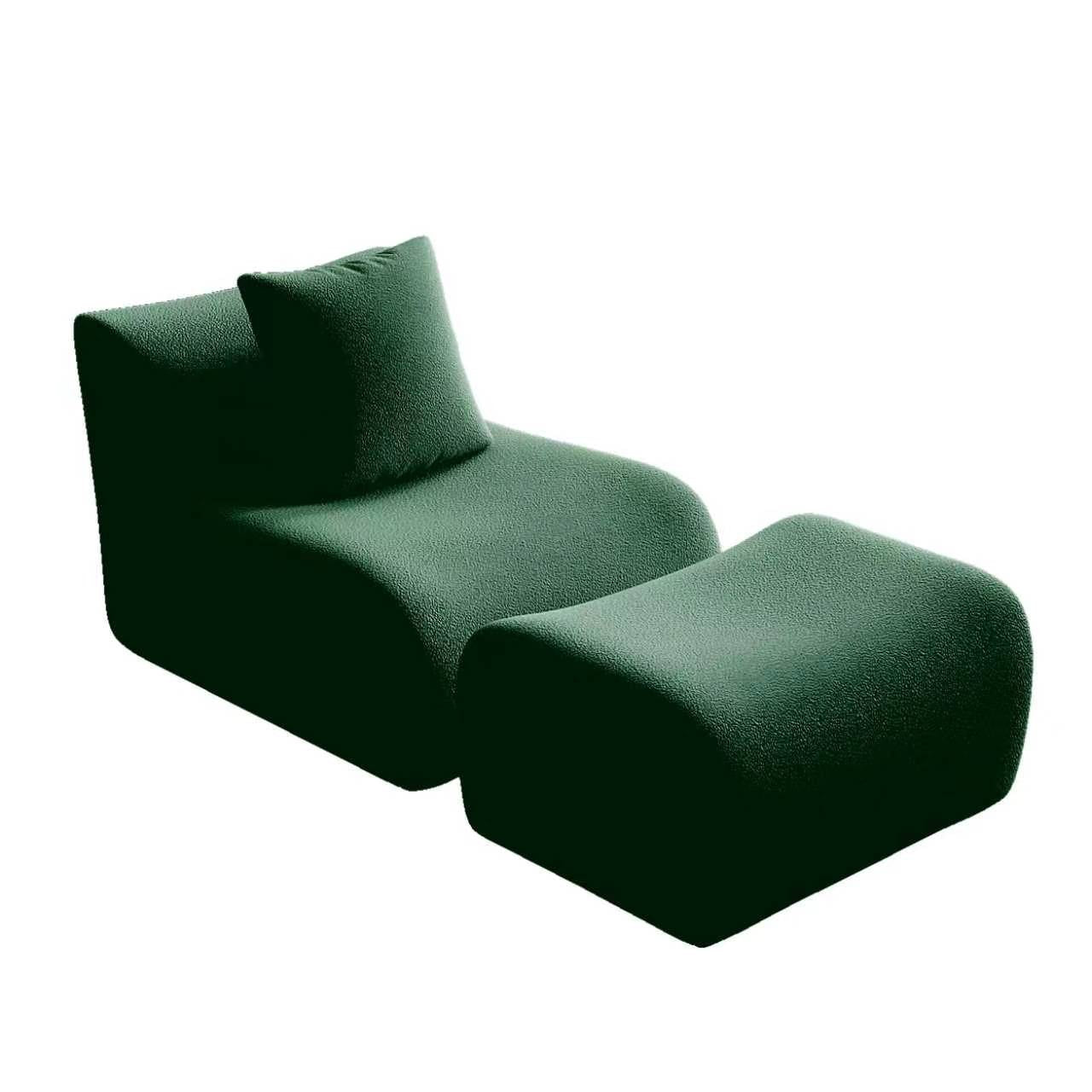 Green teddy fleece boneless sofa, 1-seat with one ottoman set, 45 degree view on a white background — Green / 1-Seat + 1 Ottoman