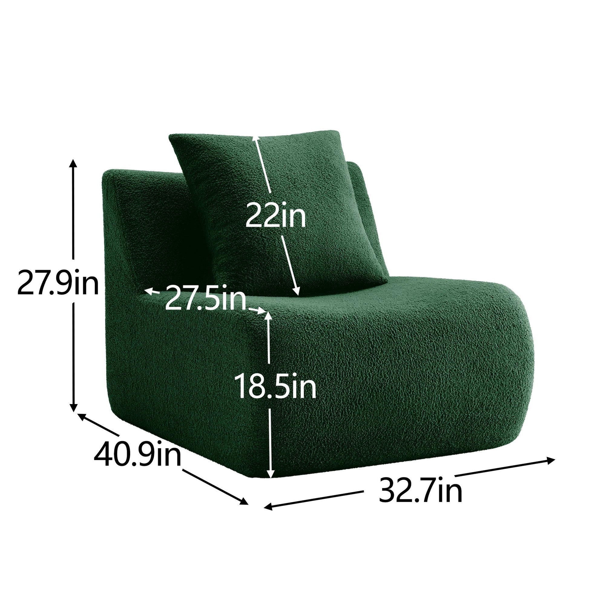Seat dimensions for the Green teddy fleece boneless sofa, 1-seat with one ottoman set — Green / 1-Seat + 1 Ottoman