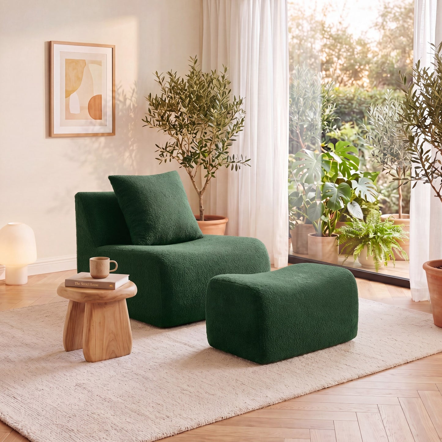 Green teddy fleece boneless sofa, 1-seat with one ottoman set, angled view in a sunlit room — Green / 1-Seat + 1 Ottoman