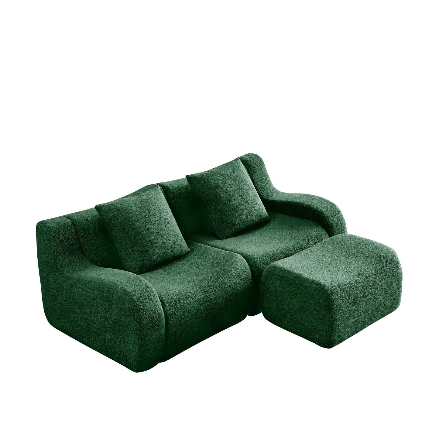 Green teddy fleece boneless sofa, 2-seat with one ottoman layout, 45 degree view on a white background — Green / 2-Seat + 1 Ottoman