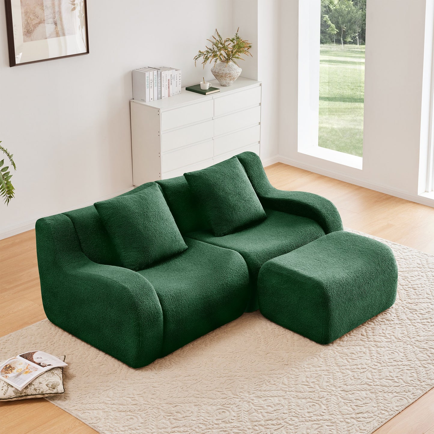 Green teddy fleece boneless sofa, 2-seat with one ottoman layout, straight on view in a living room — Green / 2-Seat + 1 Ottoman