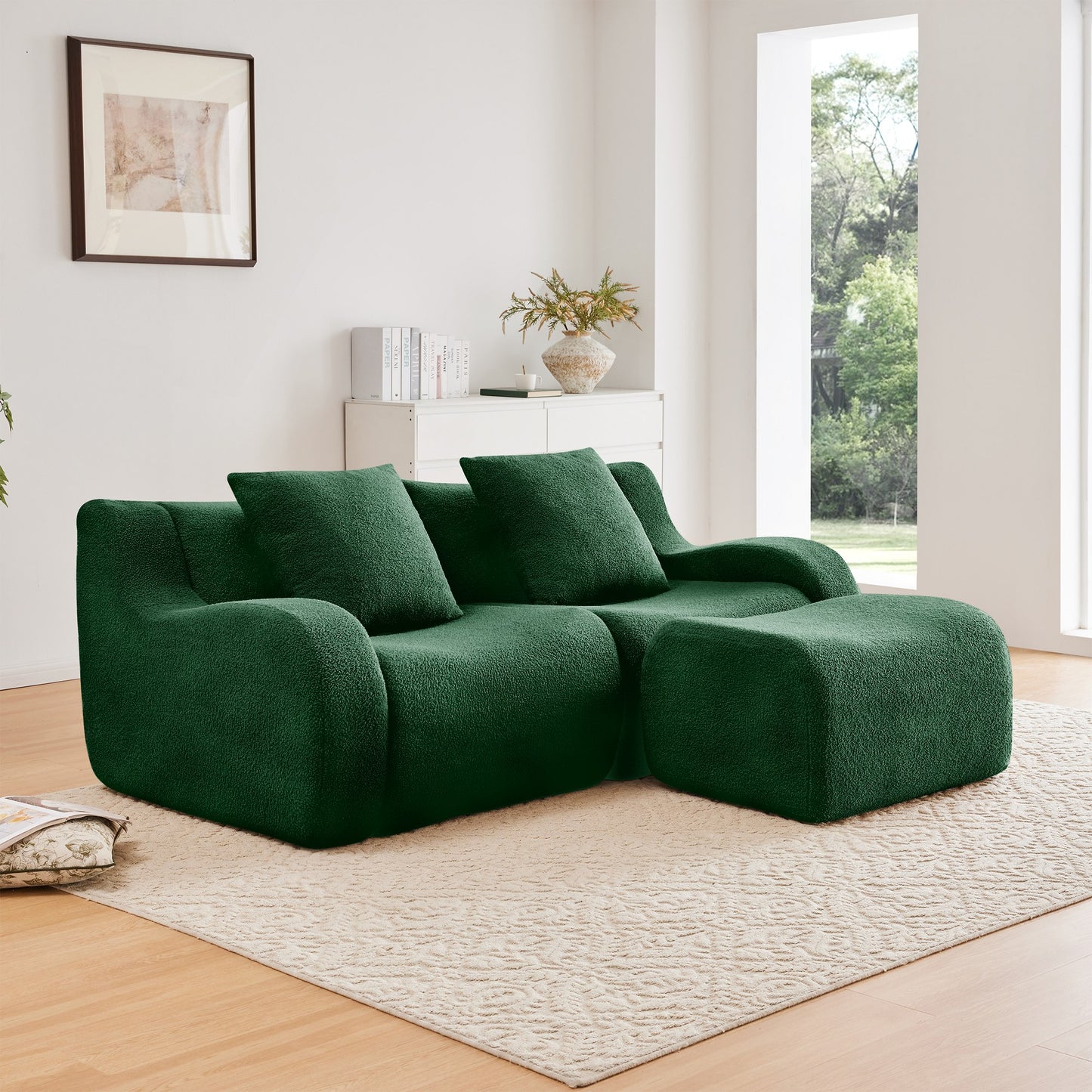 Green teddy fleece boneless sofa, 2-seat with one ottoman layout, angled view in a bright living room — Green / 2-Seat + 1 Ottoman