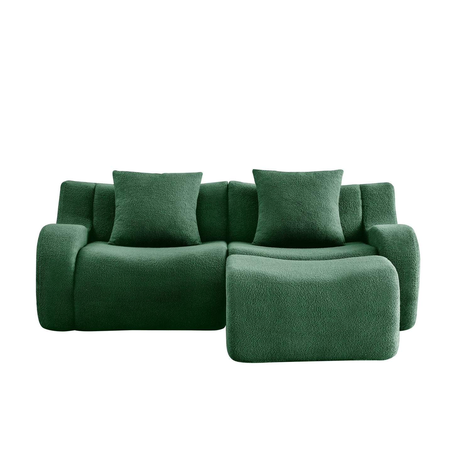 Green teddy fleece boneless sofa, 2-seat with one ottoman layout, side view on a white background — Green / 2-Seat + 1 Ottoman