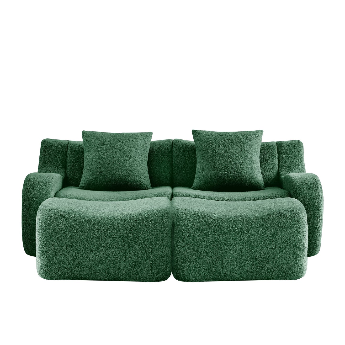 Green teddy fleece boneless sofa, 2-seat with two ottomans layout, 45 degree view on a white background — Green / 2-Seat + 2 Ottomans