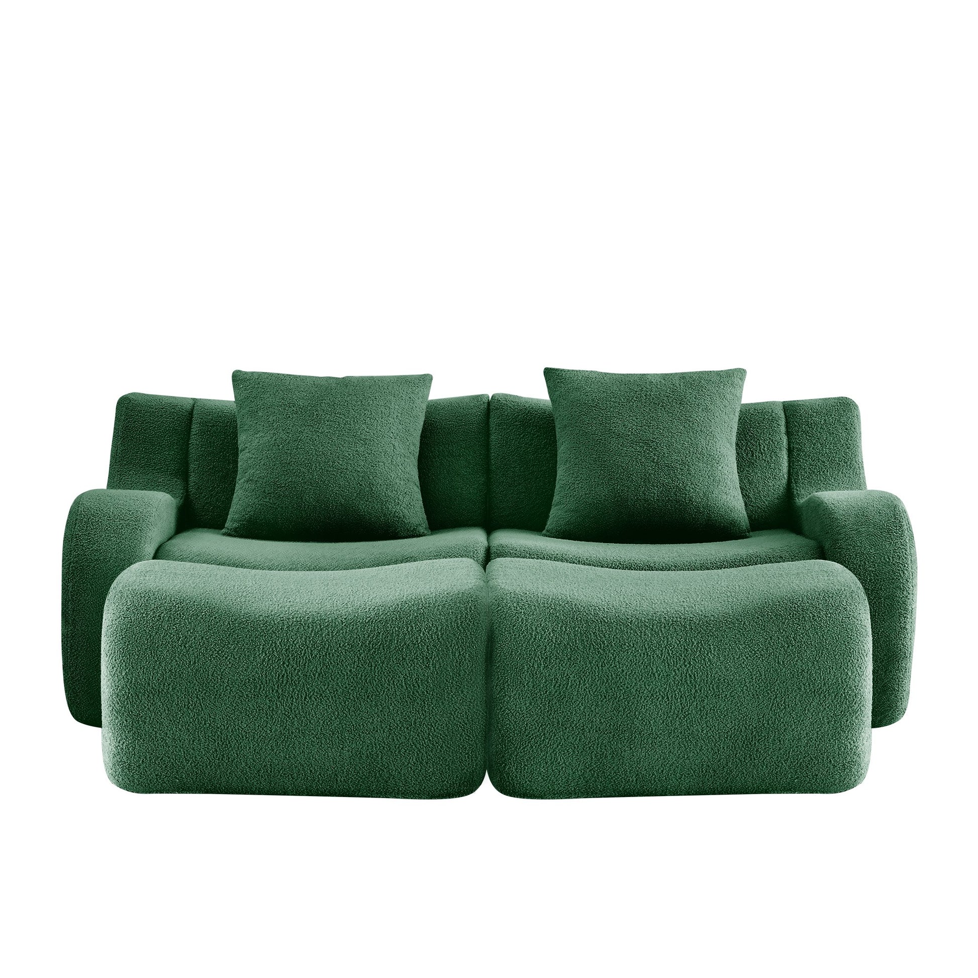 Green teddy fleece boneless sofa, 2-seat with two ottomans layout, 45 degree view on a white background — Green / 2-Seat + 2 Ottomans