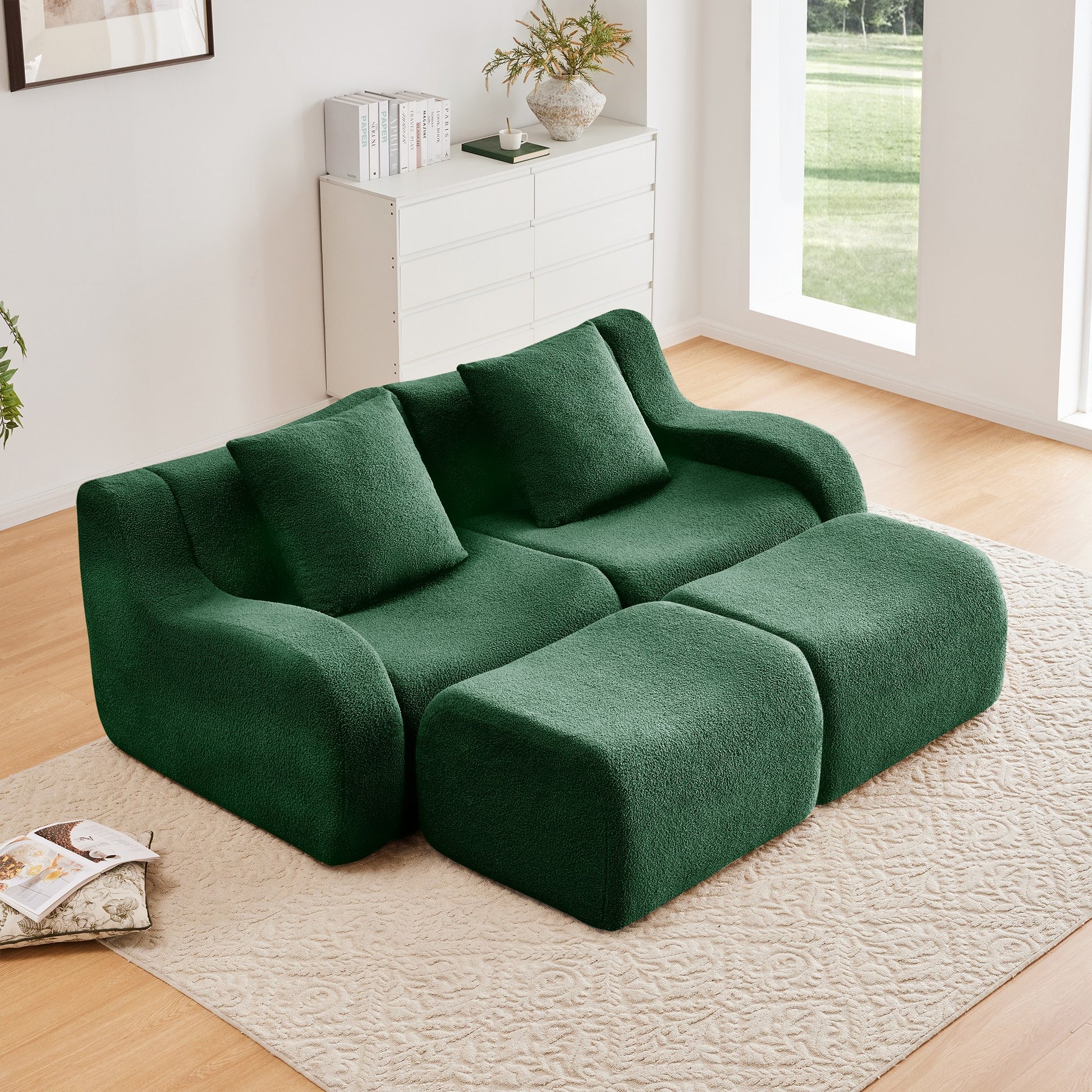 Green teddy fleece boneless sofa, 2-seat with two ottomans layout, straight on view in a living room — Green / 2-Seat + 2 Ottomans
