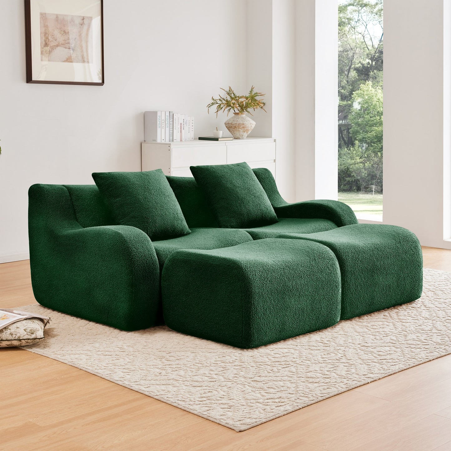 Green teddy fleece boneless sofa, 2-seat with two ottomans layout, angled view in a bright living room — Green / 2-Seat + 2 Ottomans
