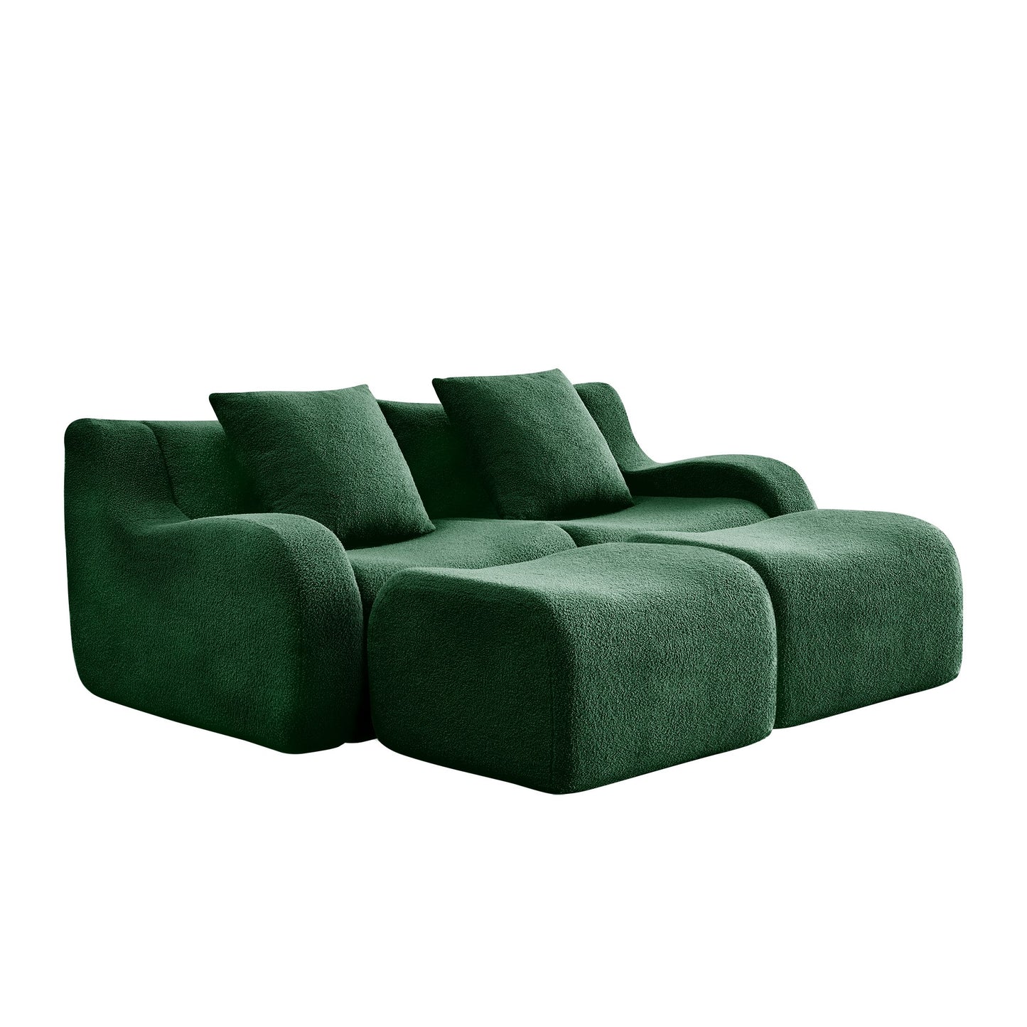 Green teddy fleece boneless sofa, 2-seat with two ottomans layout, side view on a white background — Green / 2-Seat + 2 Ottomans