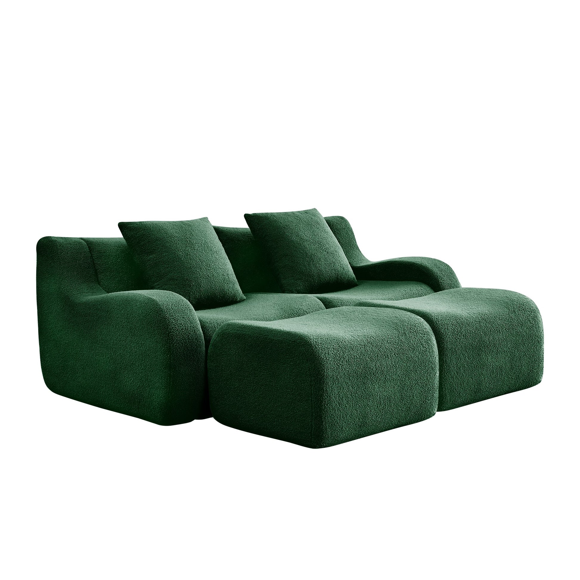 Green teddy fleece boneless sofa, 2-seat with two ottomans layout, side view on a white background — Green / 2-Seat + 2 Ottomans