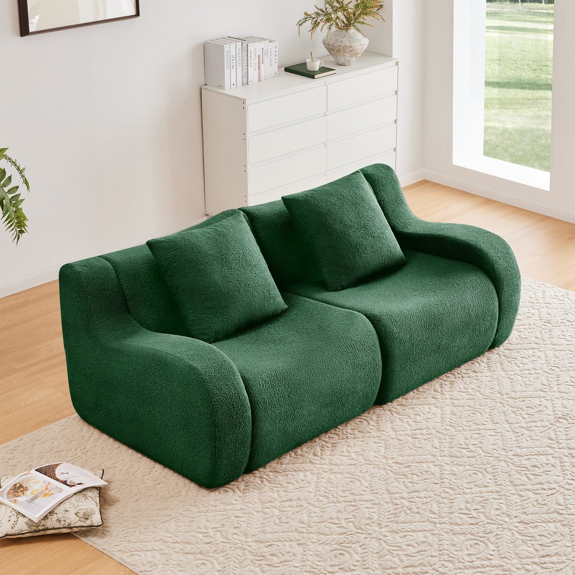 Green teddy fleece boneless sofa, 2-seat layout, straight on view in a living room — Green / 2-Seat