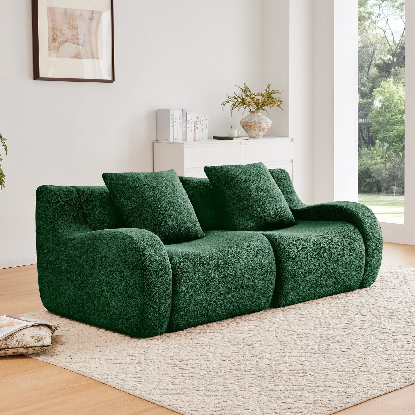 Green teddy fleece boneless sofa, 2-seat layout, angled view in a bright living room — Green / 2-Seat