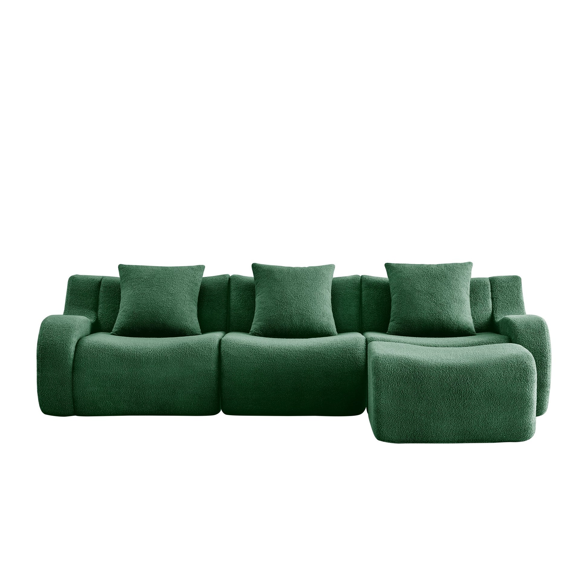 Green teddy fleece boneless sofa, 3-seat with one ottoman layout, 45 degree view on a white background — Green / 3-Seat + 1 Ottoman