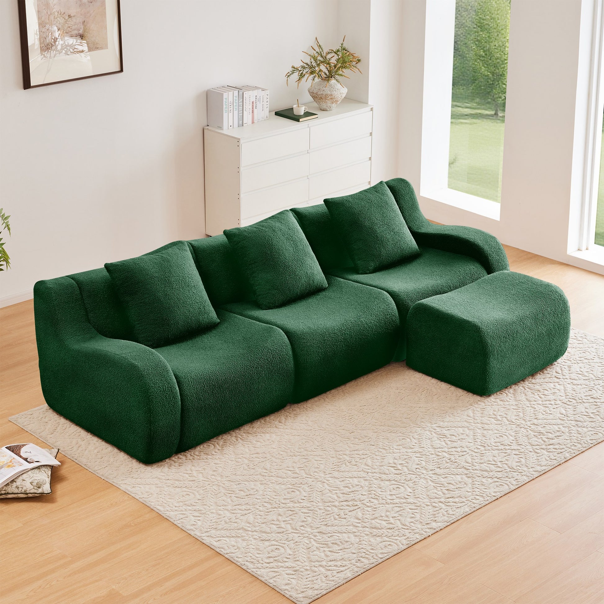 Green teddy fleece boneless sofa, 3-seat with one ottoman layout, straight on view in a living room — Green / 3-Seat + 1 Ottoman