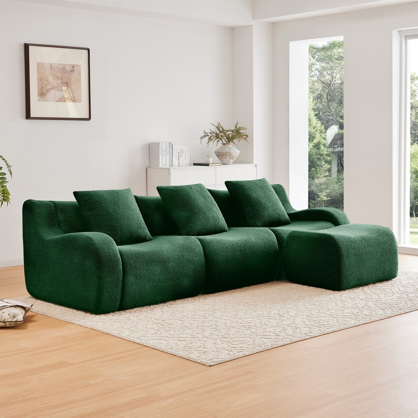 Green teddy fleece boneless sofa, 3-seat with one ottoman layout, angled view in a bright living room — Green / 3-Seat + 1 Ottoman