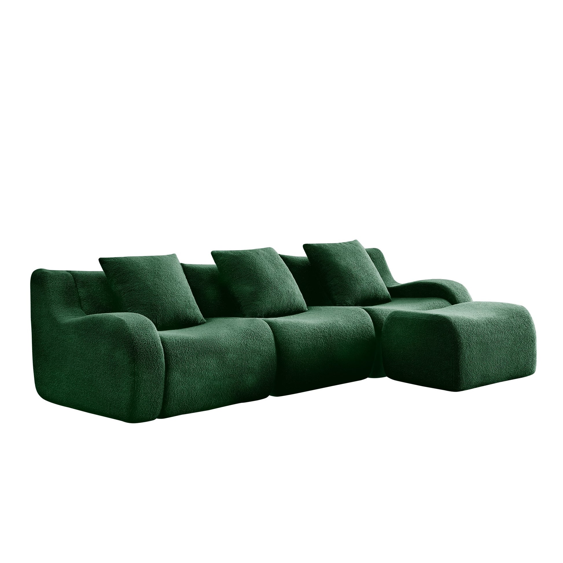 Green teddy fleece boneless sofa, 3-seat with one ottoman layout, side view on a white background — Green / 3-Seat + 1 Ottoman