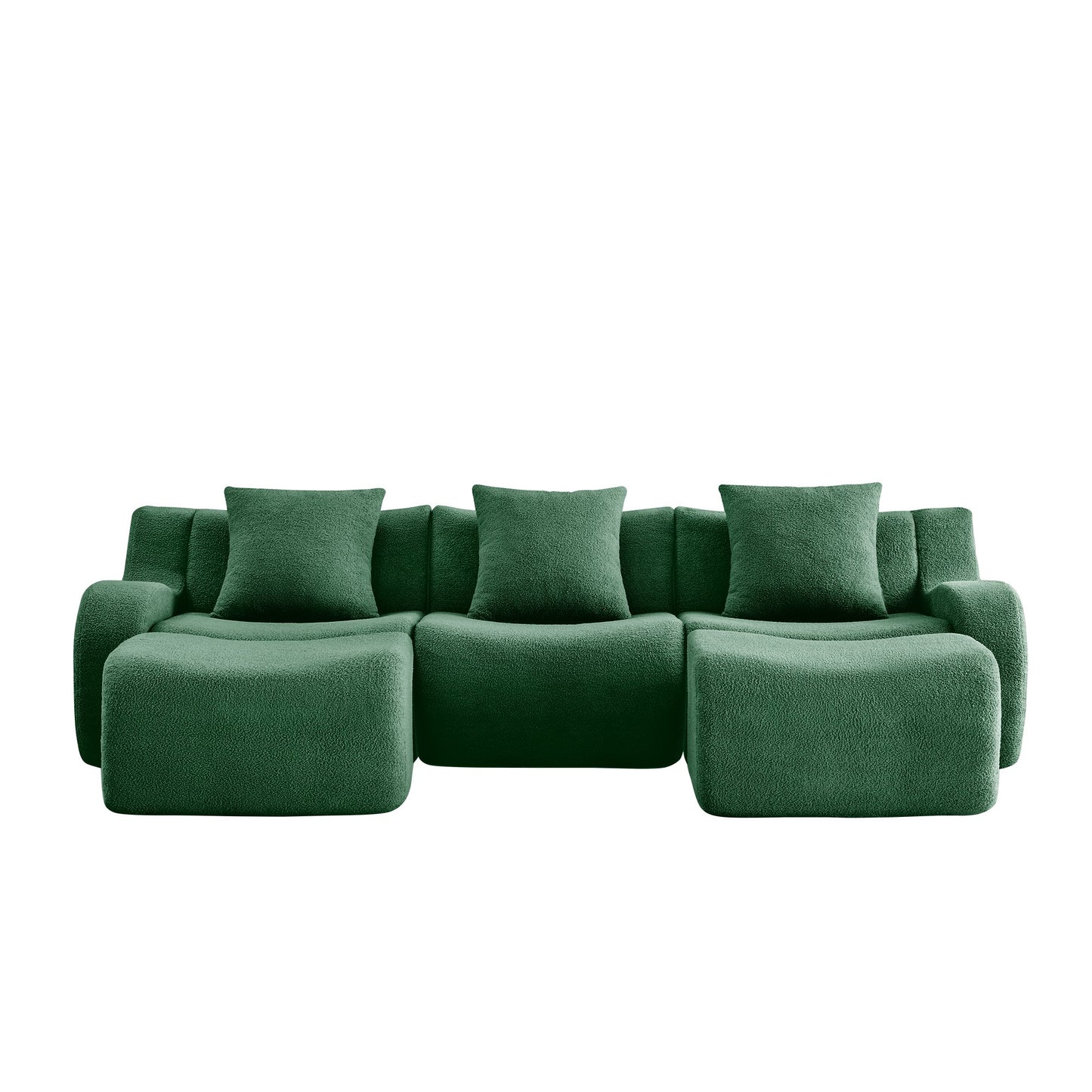 Green teddy fleece boneless sofa, 3-seat with two ottomans layout, 45 degree view on a white background — Green / 3-Seat + 2 Ottomans