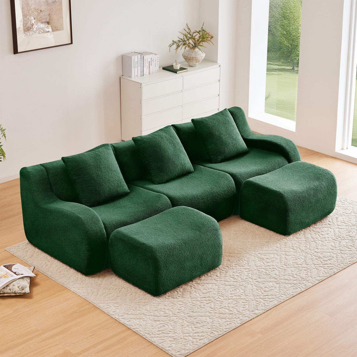 Green teddy fleece boneless sofa, 3-seat with two ottomans layout, straight on view in a living room — Green / 3-Seat + 2 Ottomans