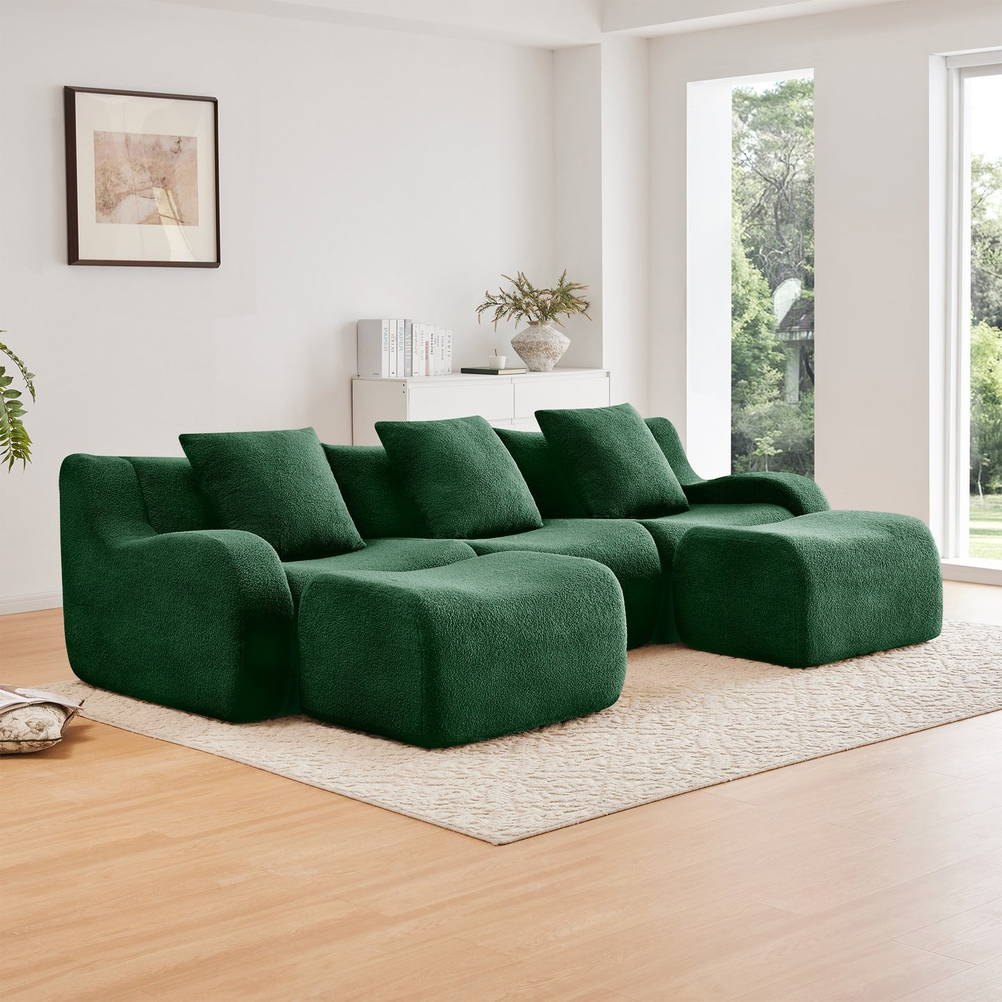 Green teddy fleece boneless sofa, 3-seat with two ottomans layout, angled view in a bright living room — Green / 3-Seat + 2 Ottomans