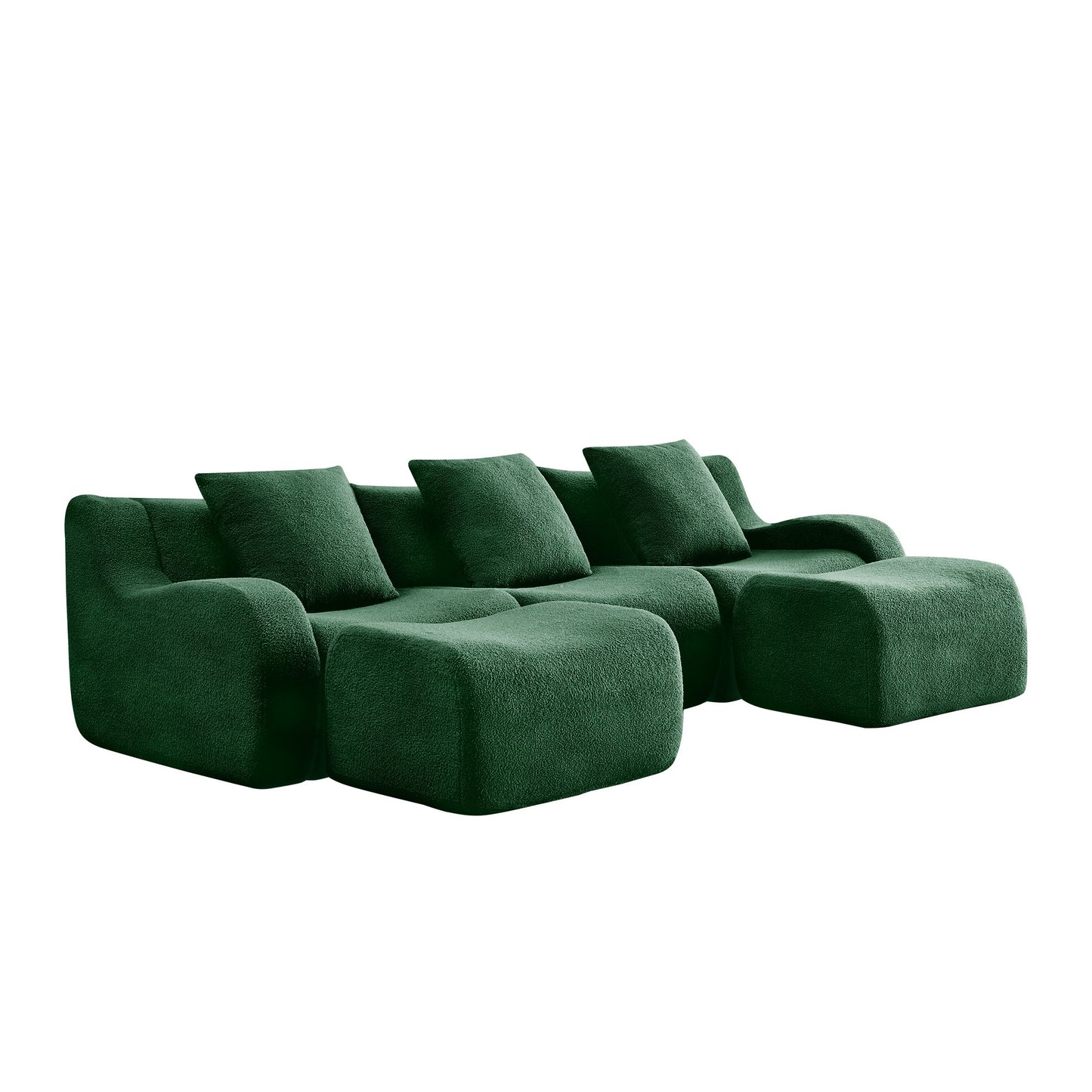 Green teddy fleece boneless sofa, 3-seat with two ottomans layout, side view on a white background — Green / 3-Seat + 2 Ottomans