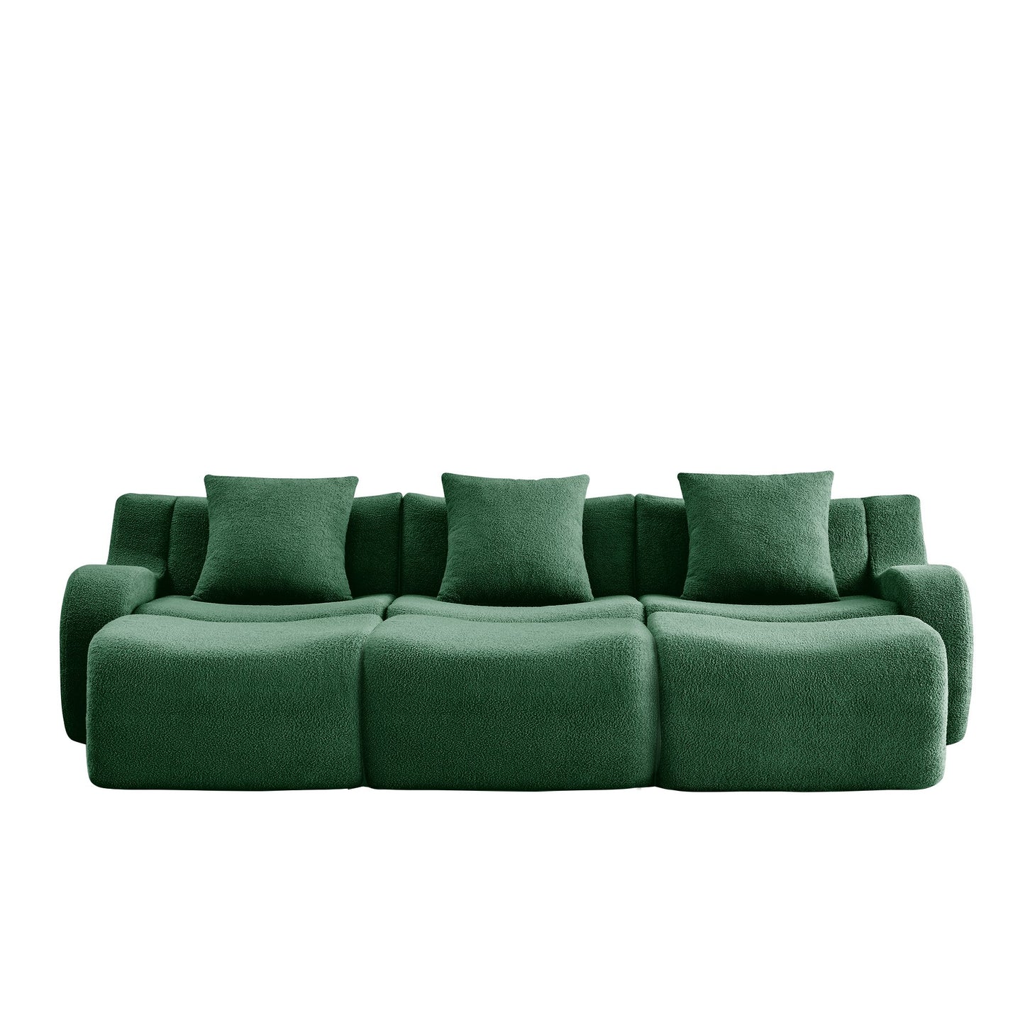 Green teddy fleece boneless sofa, 3-seat with three ottomans layout, 45 degree view on a white background — Green / 3-Seat + 3 Ottomans